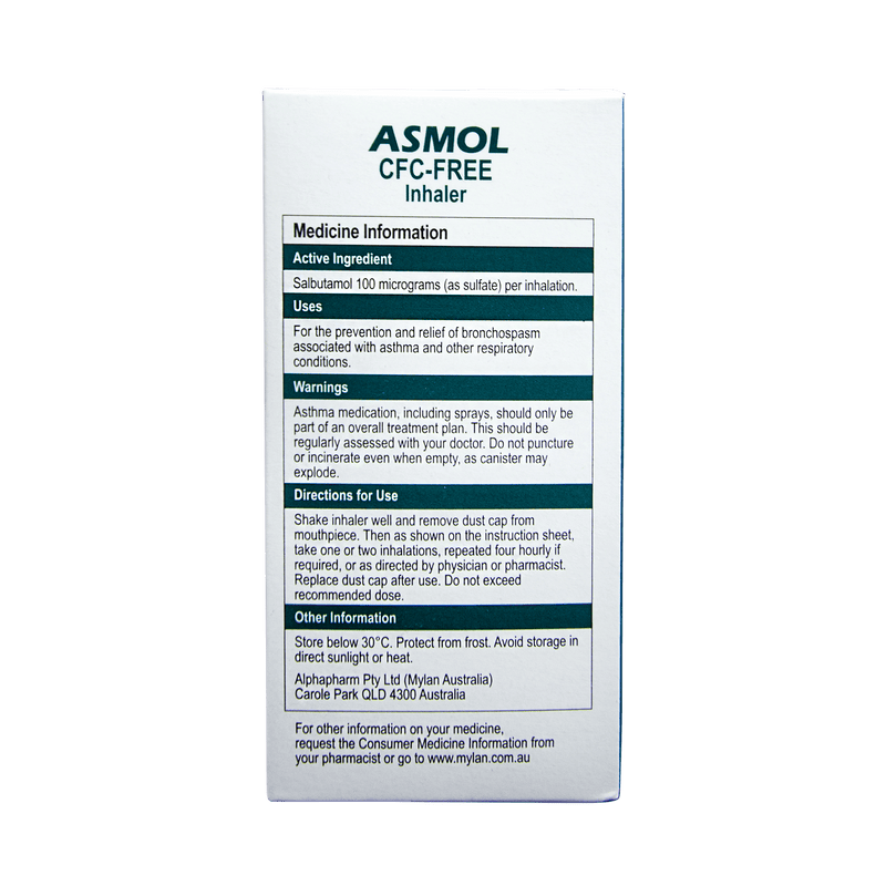 Asmol CFC Free Asthma Inhaler (S3) - Vital Pharmacy Supplies