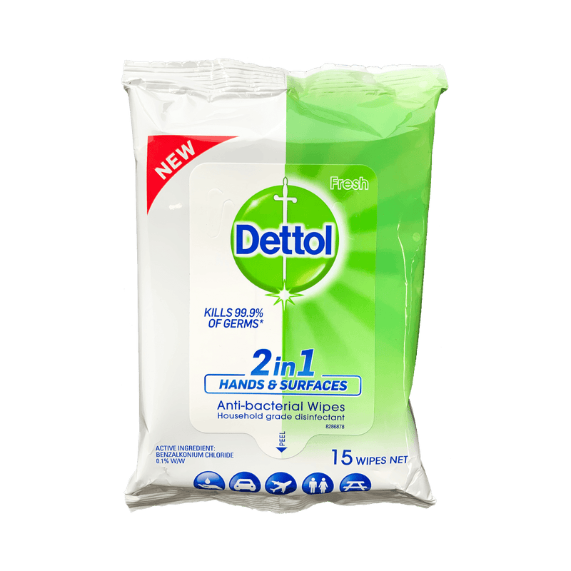 Dettol 2 in 1 Hands & Surfaces Anti-Bacterial Wipes 15 Pack - Vital Pharmacy Supplies