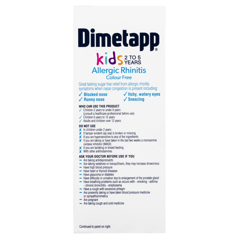 Dimetapp Allergic Rhinitis and Colour Free Variant 200mL - Vital Pharmacy Supplies