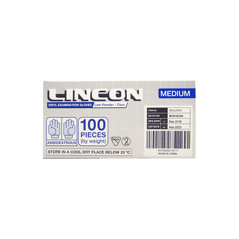 Lincon Vinyl Examination Gloves Medium 100s - Vital Pharmacy Supplies