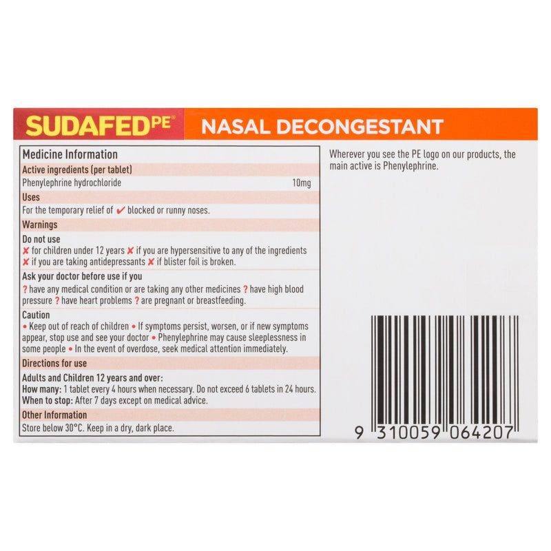 SUDAFED PE Nasal Decongestant 24 Tablets - Vital Pharmacy Supplies