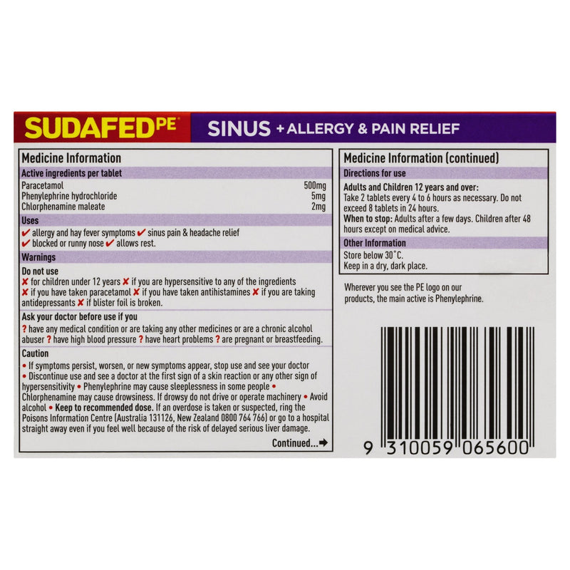 SUDAFED PE Sinus + Allergy & Pain Relief 24 Tablets - Vital Pharmacy Supplies