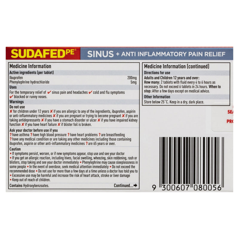 SUDAFED PE Sinus+Anti-Inflammatory Pain Relief 24 Tablets - Vital Pharmacy Supplies