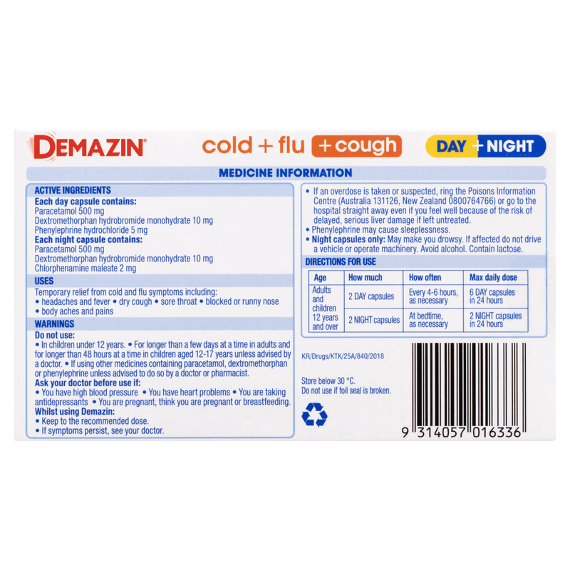 Demazin Cold & Flu + Cough Day + Night 24 Capsules - VITAL+ Pharmacy
