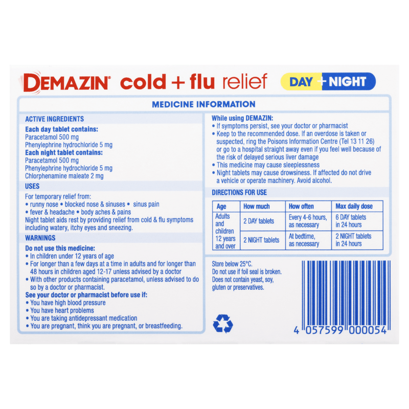 Demazin Cold & Flu Relief Day + Night 48 Tablets - VITAL+ Pharmacy