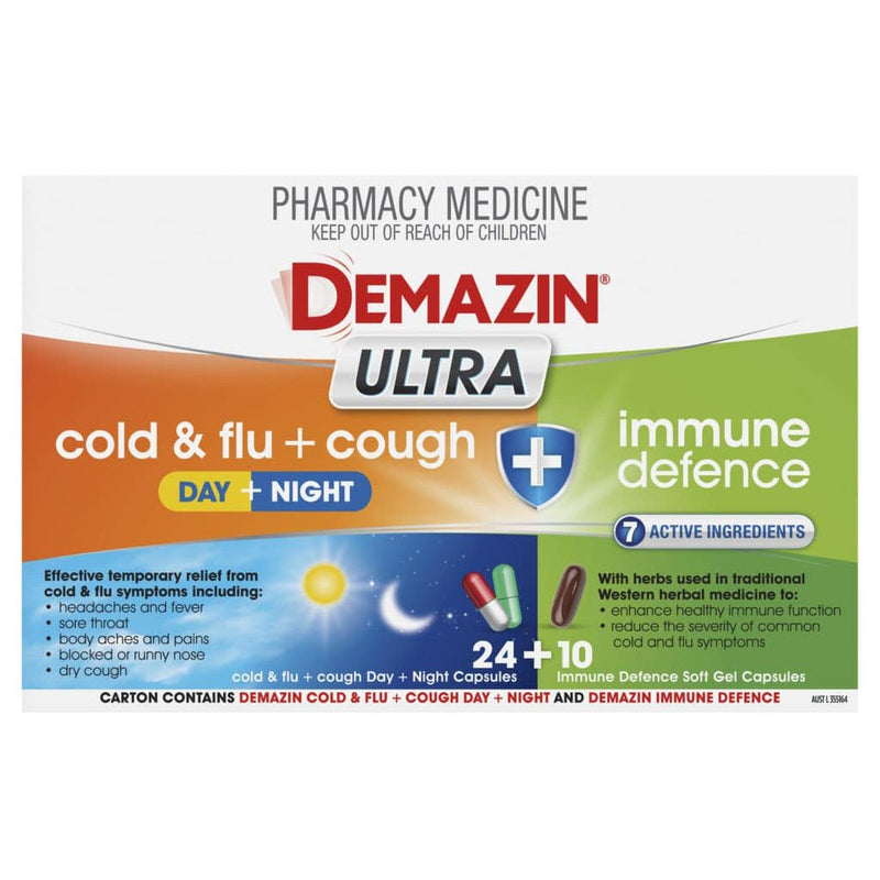 Demazin Ultra Cold & Flu + Cough + Immune Defence 34 Tablets - VITAL+ Pharmacy