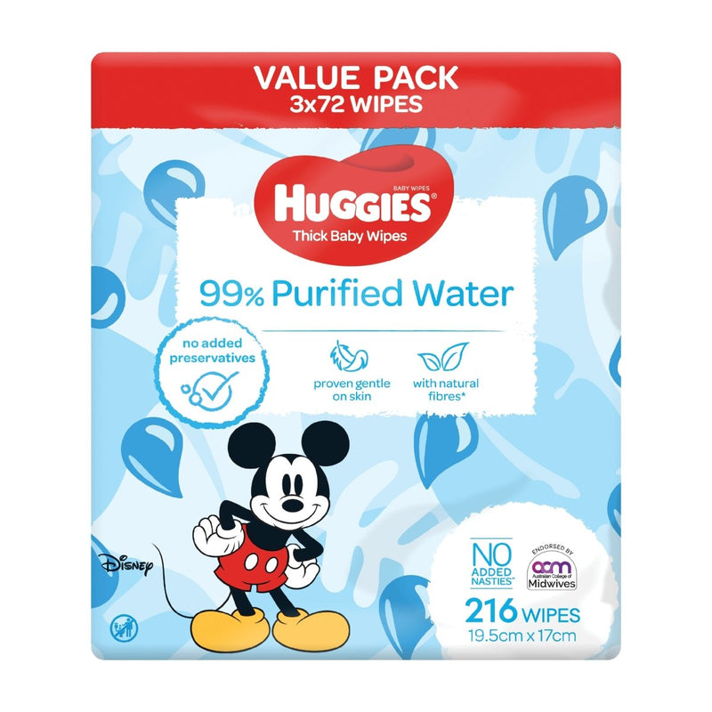 Huggies Thick Baby Wipes 99% Purified Water 3x72 Pack - VITAL+ Pharmacy