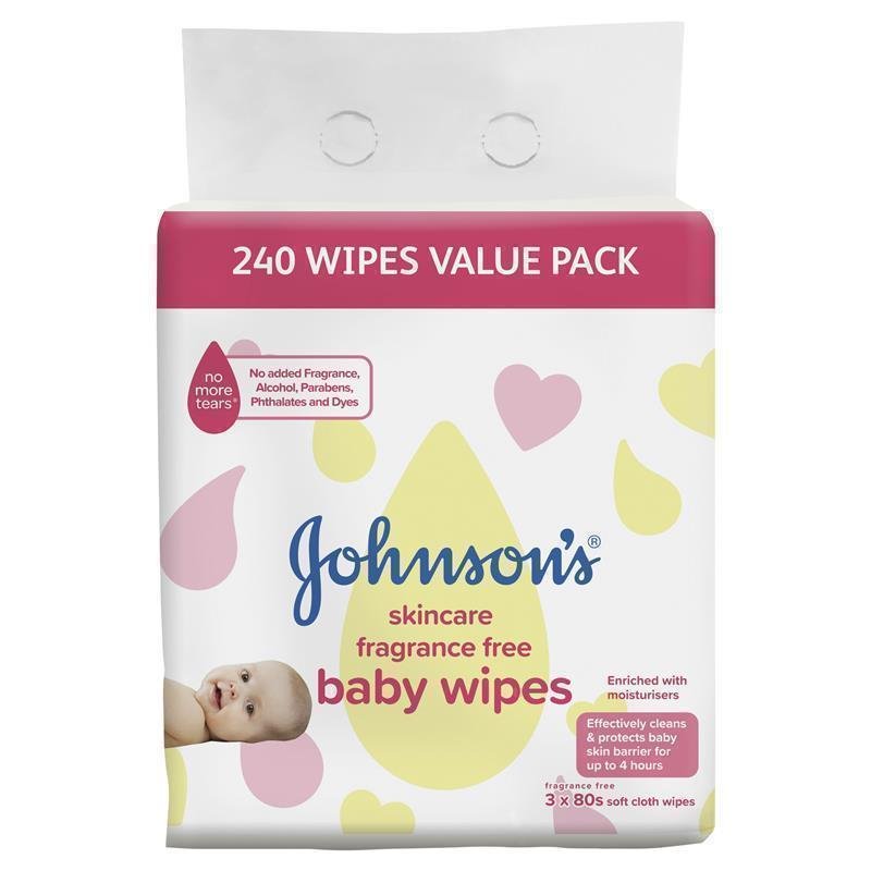 Johnson's Skincare Fragrance Free Baby Wipes 3 x 80 Pack - VITAL+ Pharmacy