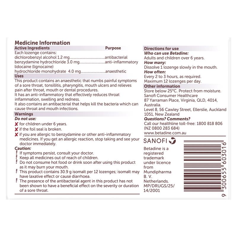 Betadine Anaesthetic Sore Throat Lozenges Berry 16 Pack - Vital Pharmacy Supplies