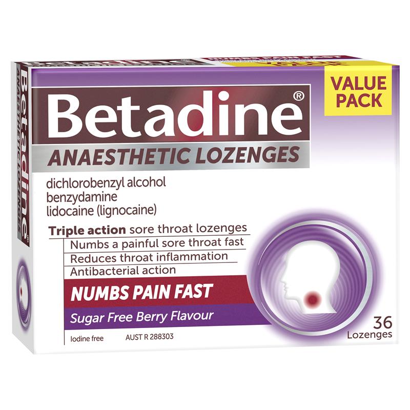 Betadine Anaesthetic Sore Throat Lozenges Berry 36 Pack - Vital Pharmacy Supplies
