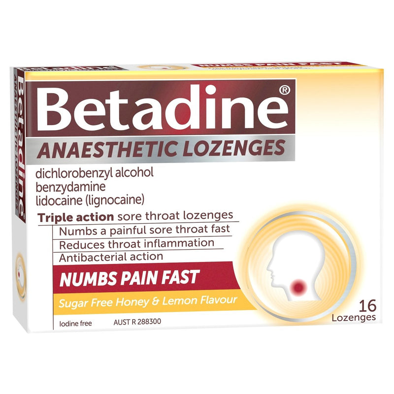 Betadine Anaesthetic Sore Throat Lozenges Honey & Lemon 16 Pack - Vital Pharmacy Supplies