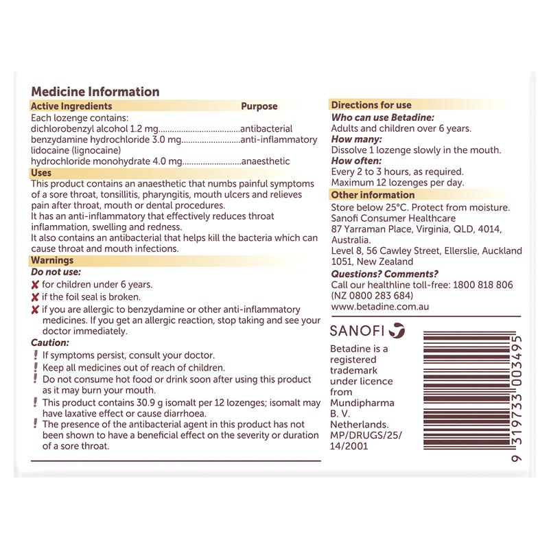 Betadine Anaesthetic Sore Throat Lozenges Honey & Lemon 36 Pack - Vital Pharmacy Supplies