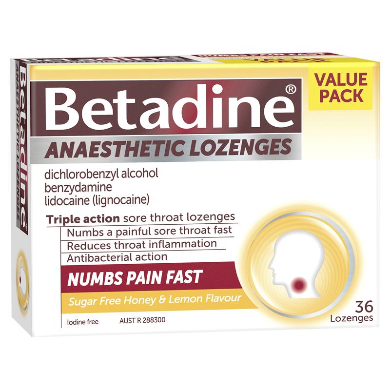 Betadine Anaesthetic Sore Throat Lozenges Honey & Lemon 36 Pack - Vital Pharmacy Supplies
