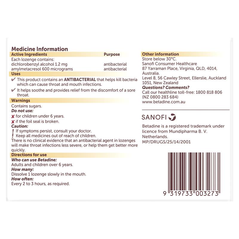 Betadine Sore Throat Lozenges Honey & Lemon 16 Pack - Vital Pharmacy Supplies