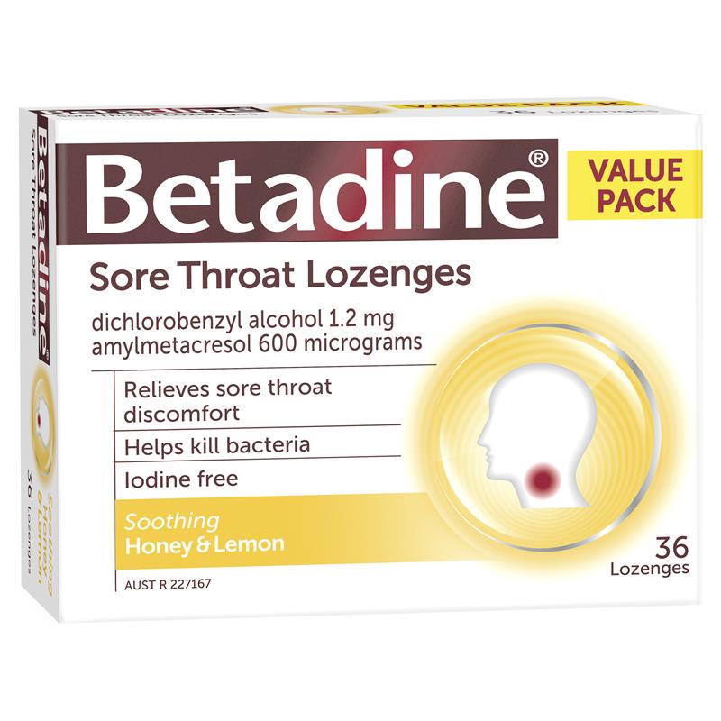 Betadine Sore Throat Lozenges Honey & Lemon 36 Pack - Vital Pharmacy Supplies