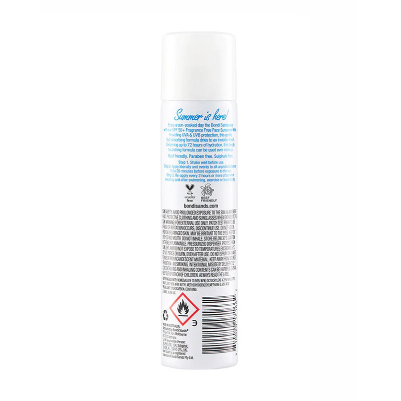 Bondi Sands Fragrance Free Face Sunscreen Mist SPF50+ 60g - Vital Pharmacy Supplies