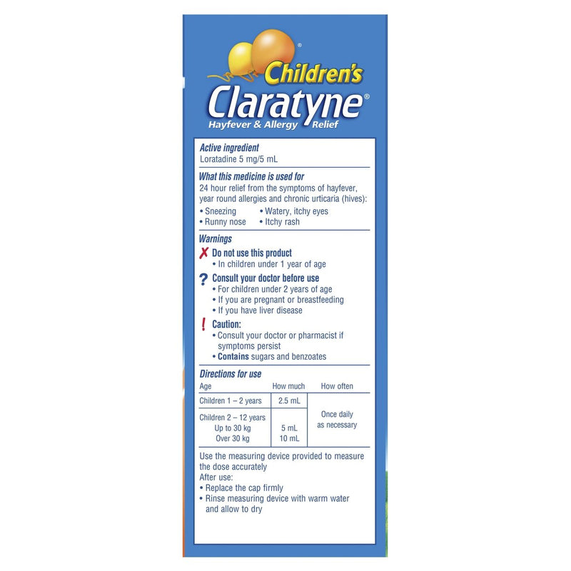 Claratyne Children's Hayfever & Allergy Relief Antihistamine Peach Flavoured Syrup 150mL - Vital Pharmacy Supplies