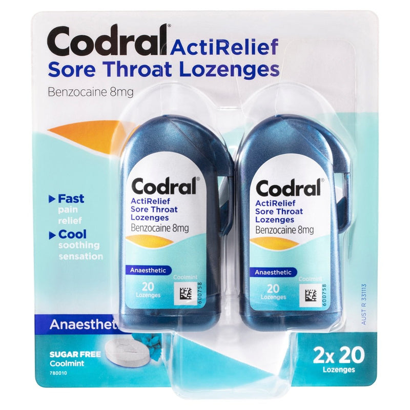 Codral ActiRelief Sore Throat Lozenges Anaesthetic CoolMint 2 x 20 Pack - Vital Pharmacy Supplies