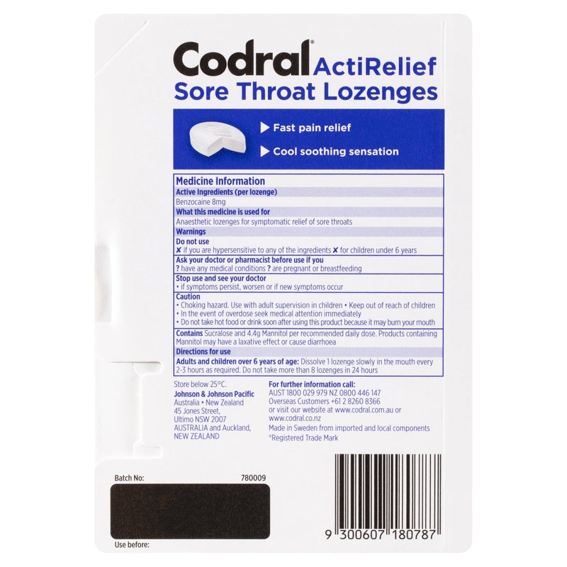 Codral ActiRelief Sore Throat Lozenges Anaesthetic CoolMint 20 Pack - Vital Pharmacy Supplies