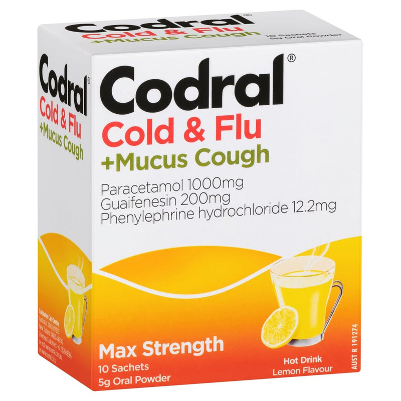 Codral Cold & Flu + Mucus Cough Max Strength Lemon 10 Pack - Vital Pharmacy Supplies