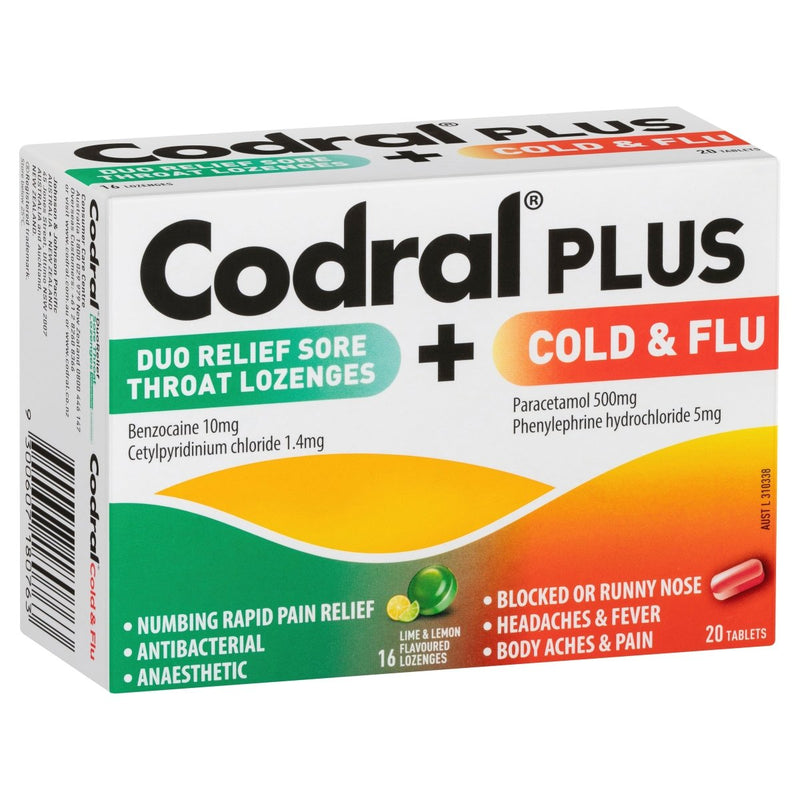 Codral Plus Duo Relief Sore Throat Lozenges 16 Pack + Codral Cold & Flu Tablets 20 Pack - Vital Pharmacy Supplies