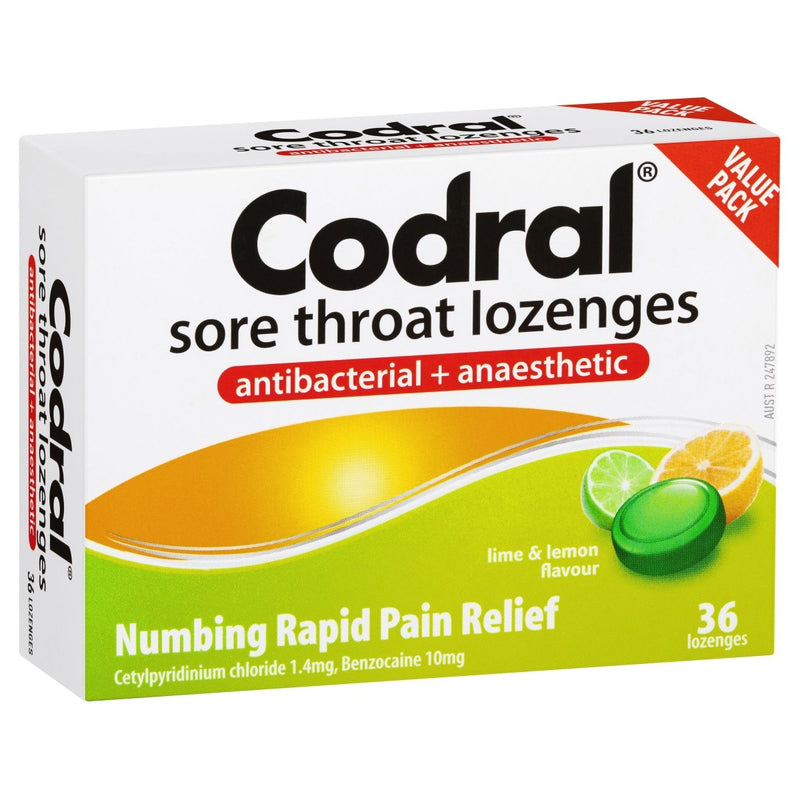 Codral Sore Throat Lozenges Antibacterial + Anaesthetic Lime & Lemon 36 Pack - Vital Pharmacy Supplies
