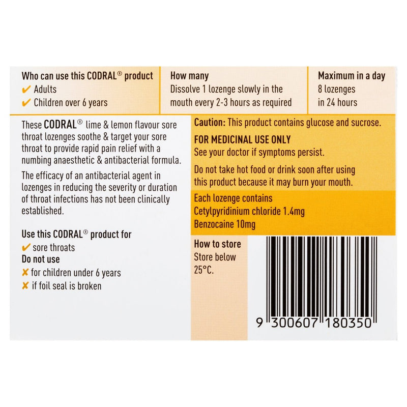 Codral Sore Throat Lozenges Antibacterial + Anaesthetic Lime & Lemon 36 Pack - Vital Pharmacy Supplies