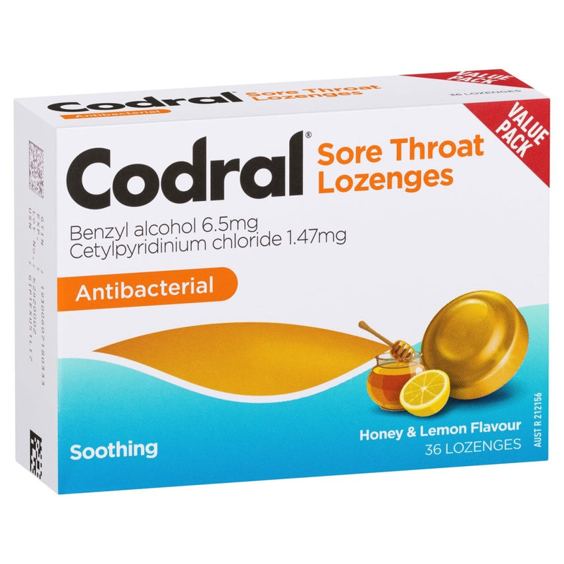 Codral Sore Throat Lozenges Antibacterial Honey & Lemon 36 Pack - Vital Pharmacy Supplies