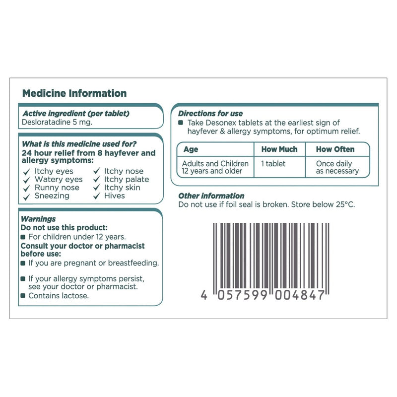 Desonex 24 Hours Hayfever & Allergy Relief 20 Tablets - Vital Pharmacy Supplies