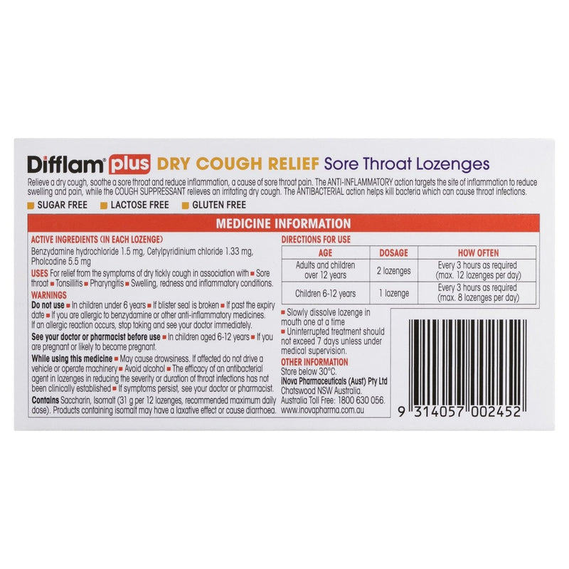 Difflam Plus Dry Cough Relief Sore Throat Blackcurrant 24 Lozenges - Vital Pharmacy Supplies
