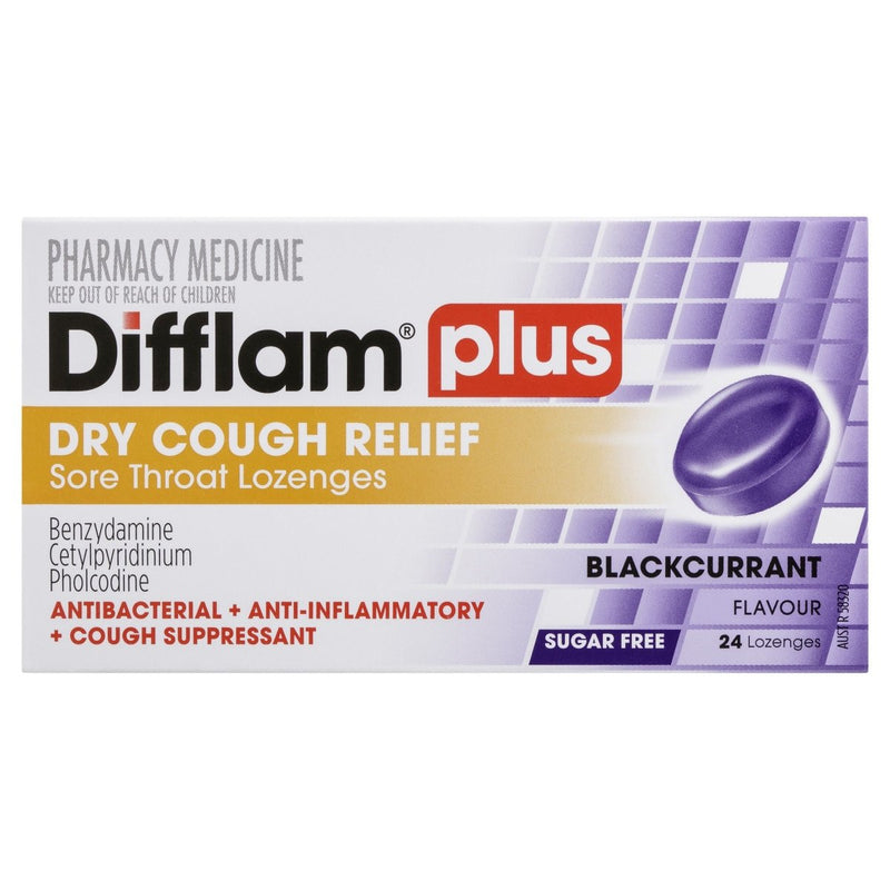 Difflam Plus Dry Cough Relief Sore Throat Blackcurrant 24 Lozenges - Vital Pharmacy Supplies