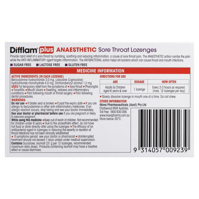 Difflam Plus Sore Throat Berry 16 Lozenges - Vital Pharmacy Supplies