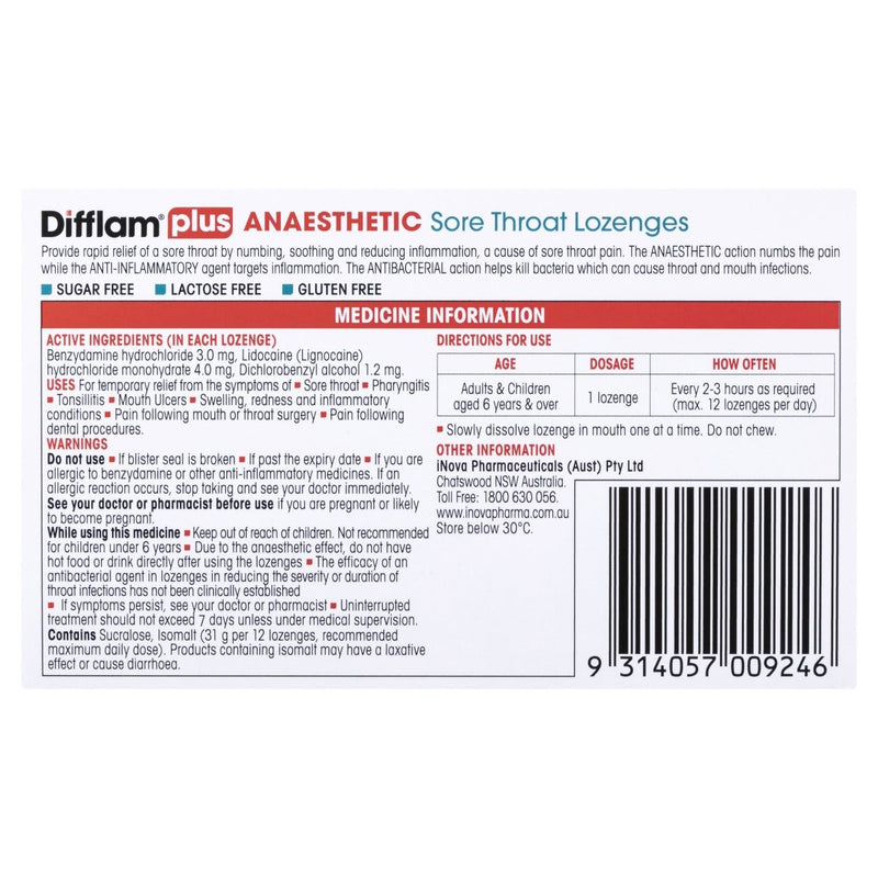 Difflam Plus Sore Throat Menthol & Eucalyptus 16 Lozenges - Vital Pharmacy Supplies