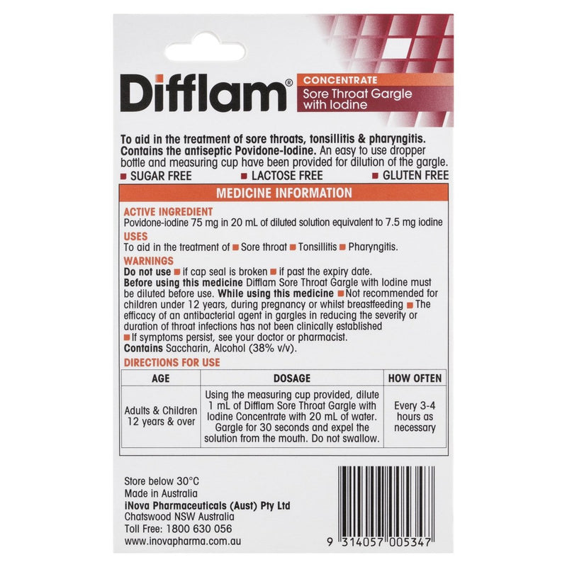 Difflam Throat Gargle With Iodine Concentrate 15mL - Clearance - Vital Pharmacy Supplies