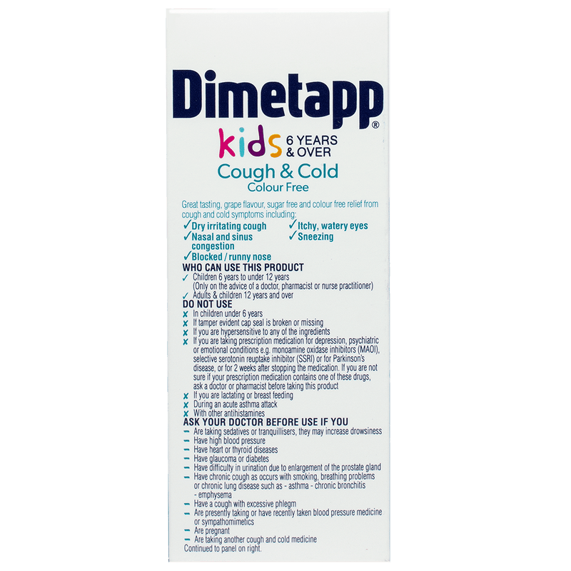 Dimetapp Kids Cough & Cold Colour Free 100mL - Vital Pharmacy Supplies