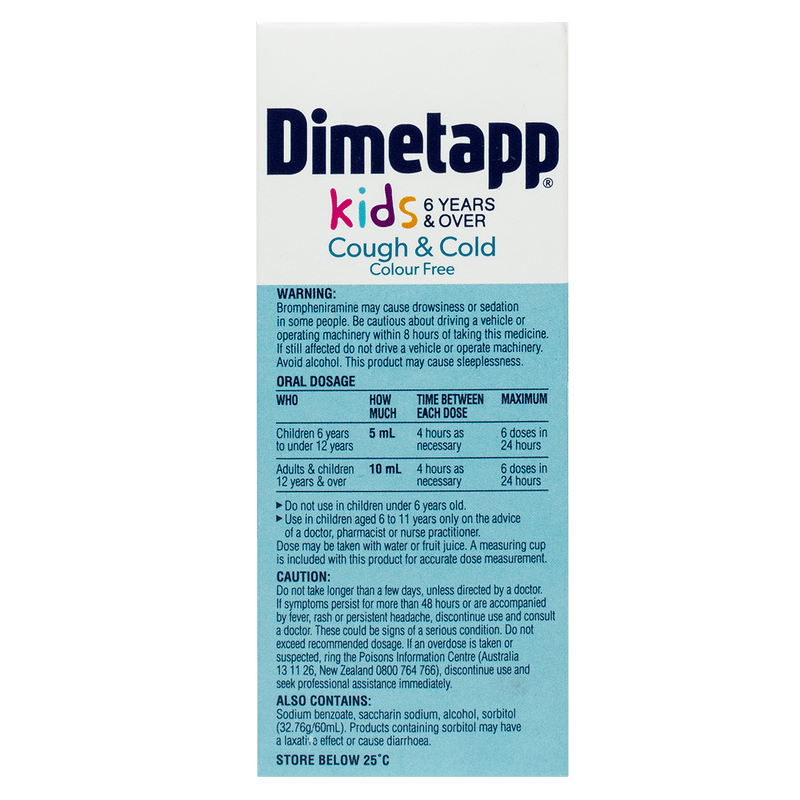 Dimetapp Kids Cough & Cold Colour Free 100mL - Vital Pharmacy Supplies