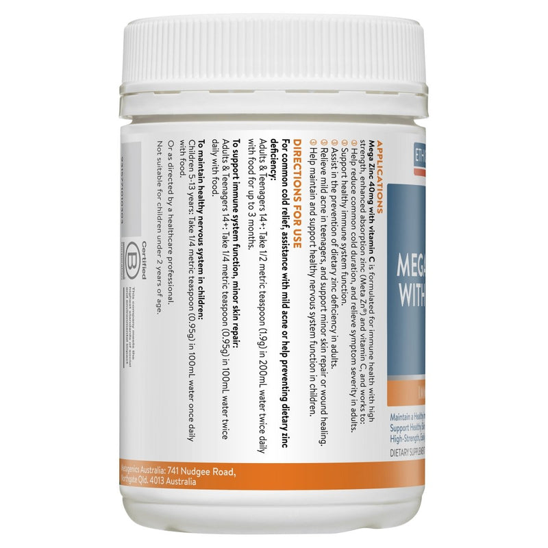 Ethical Nutrients Megazorb Mega Zinc 40mg Vitamin C Orange 190g - Vital Pharmacy Supplies