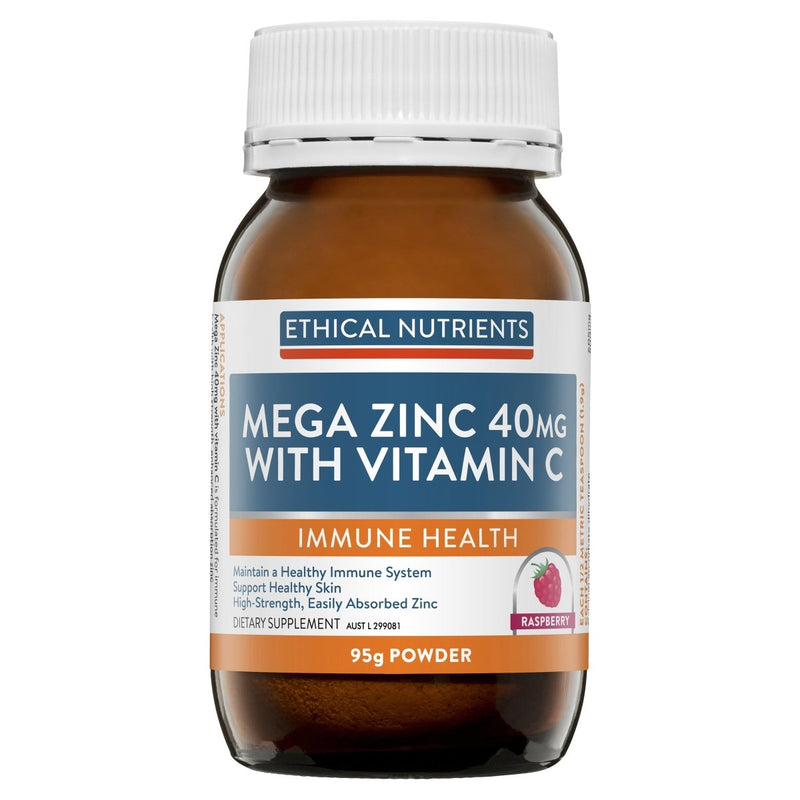 Ethical Nutrients Megazorb Mega Zinc 40mg Vitamin C Powder Raspberry 95g - Vital Pharmacy Supplies