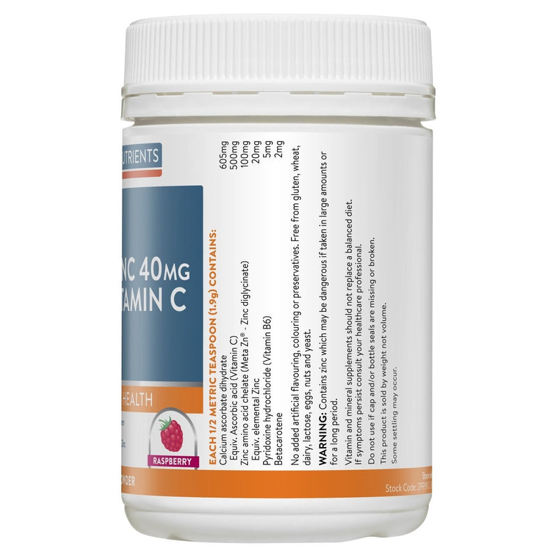 Ethical Nutrients Megazorb Mega Zinc 40mg Vitamin C Raspberry 190g - Vital Pharmacy Supplies