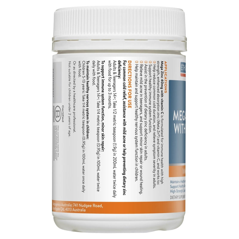 Ethical Nutrients Megazorb Mega Zinc 40mg Vitamin C Raspberry 190g - Vital Pharmacy Supplies