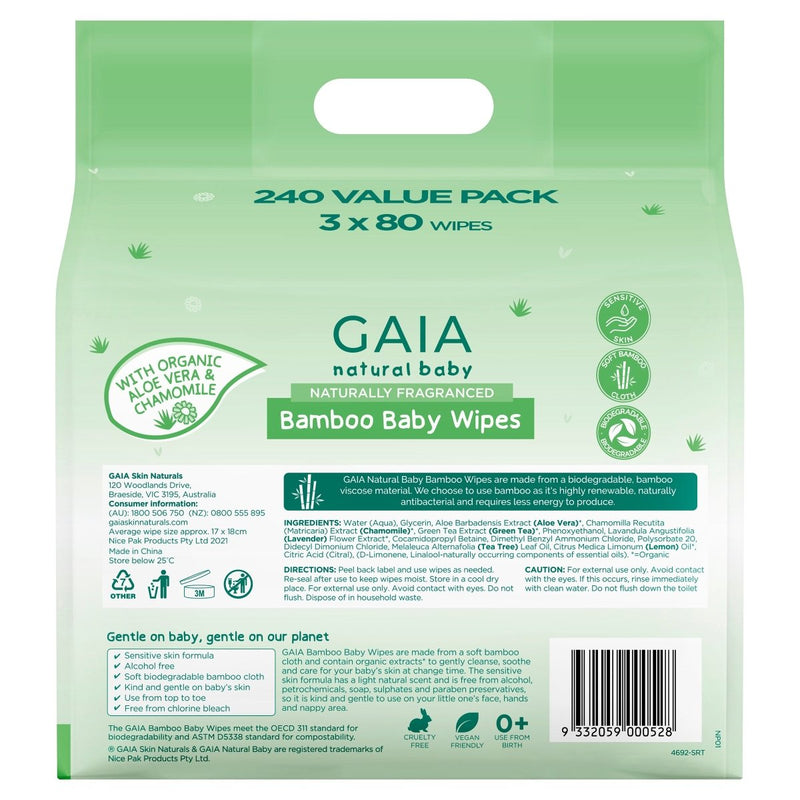 Gaia Natural Baby Bamboo Baby Wipes 3 x 80 Pack - Vital Pharmacy Supplies