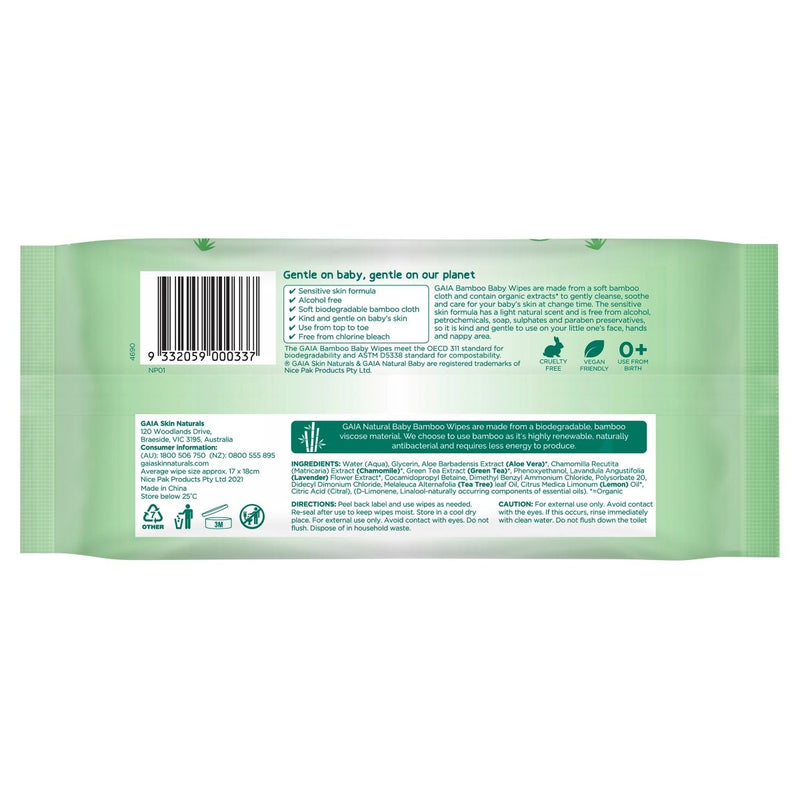 Gaia Natural Baby Bamboo Baby Wipes 80 Pack - Vital Pharmacy Supplies