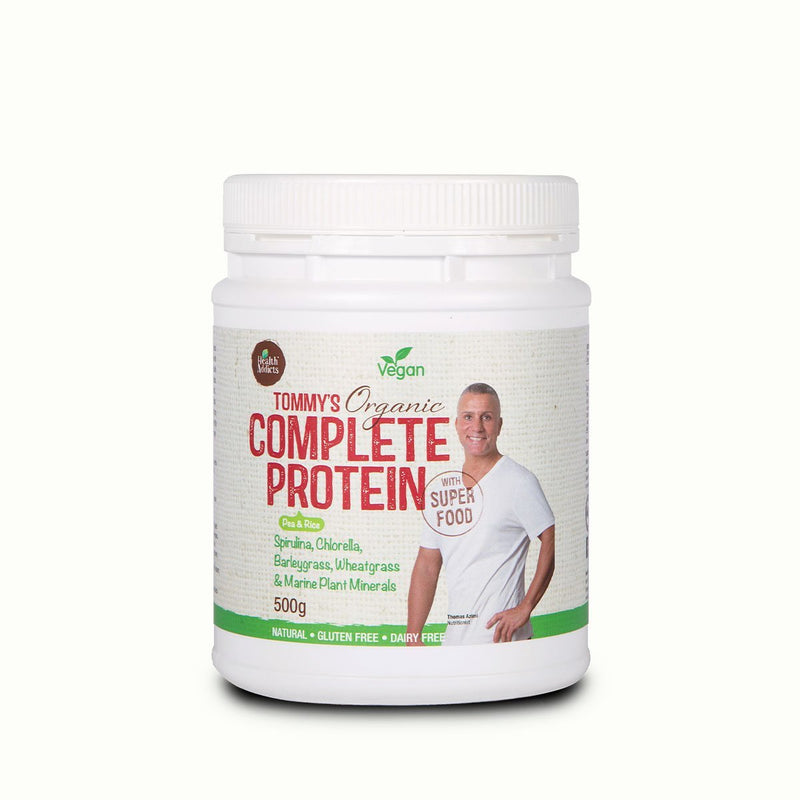 Health Addicts Tommy’s Organic Complete Protein With Super Greens Vanilla 500g - Vital Pharmacy Supplies