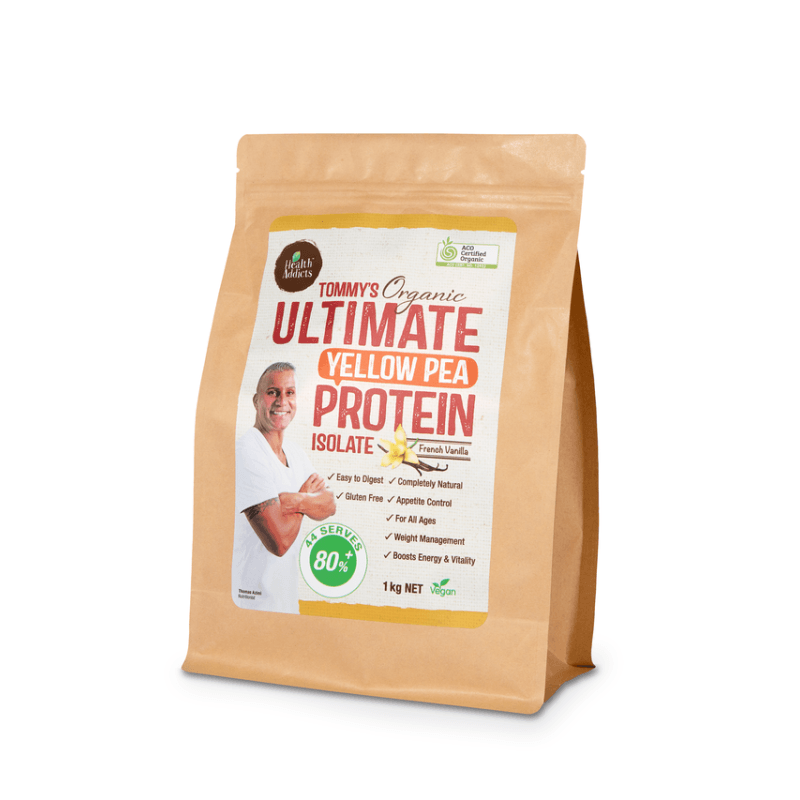 Health Addicts Tommy’s Organic Ultimate Yellow Pea Protein Isolate French Vanilla 1Kg