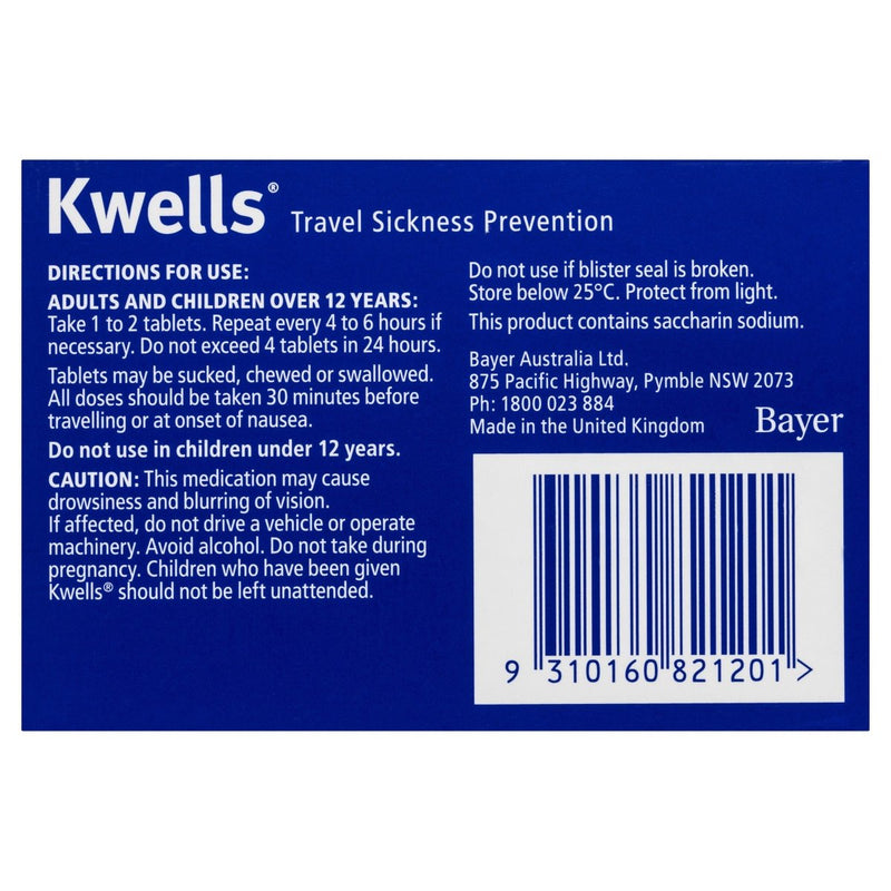 Kwells Travel Sickness 12 Chewable Tablets - Vital Pharmacy Supplies