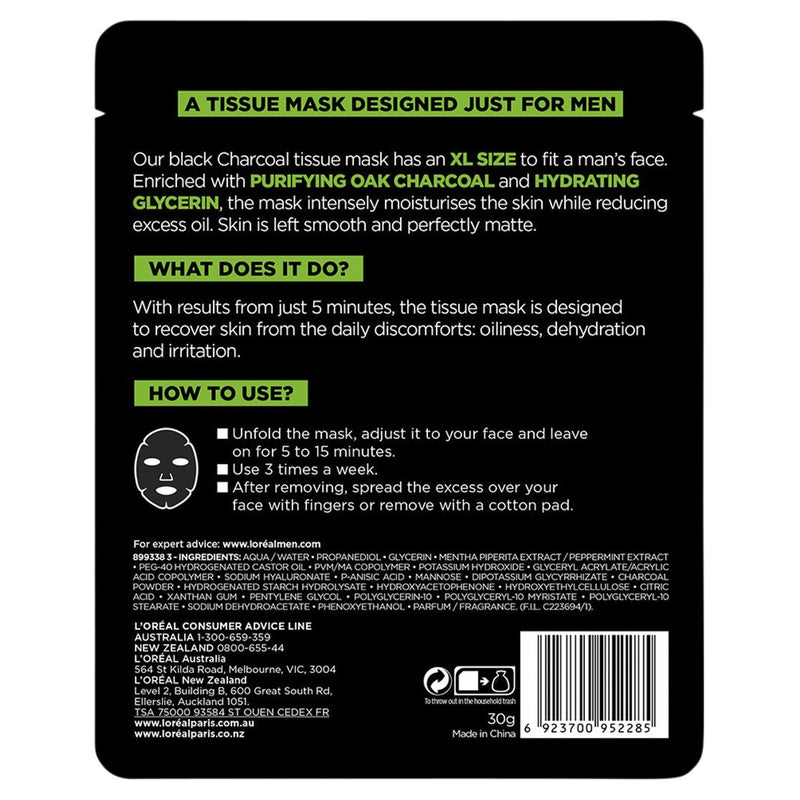 L'Oréal Paris Men Expert Pure Charcoal Purifying Tissue Mask 30g - Vital Pharmacy Supplies