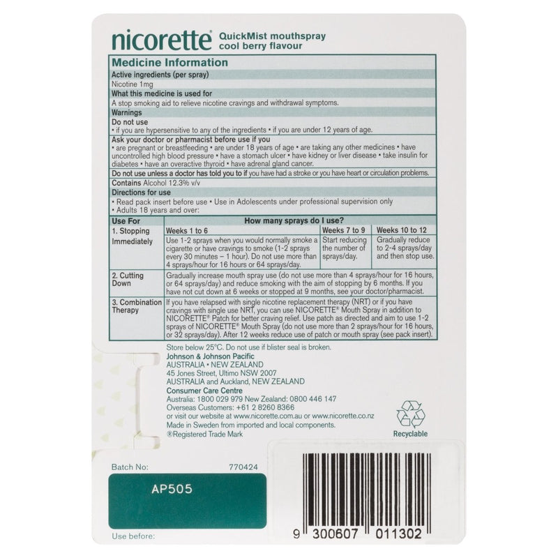Nicorette Quit Smoking Mouth Spray Cool Berry 150 Pack - Vital Pharmacy Supplies