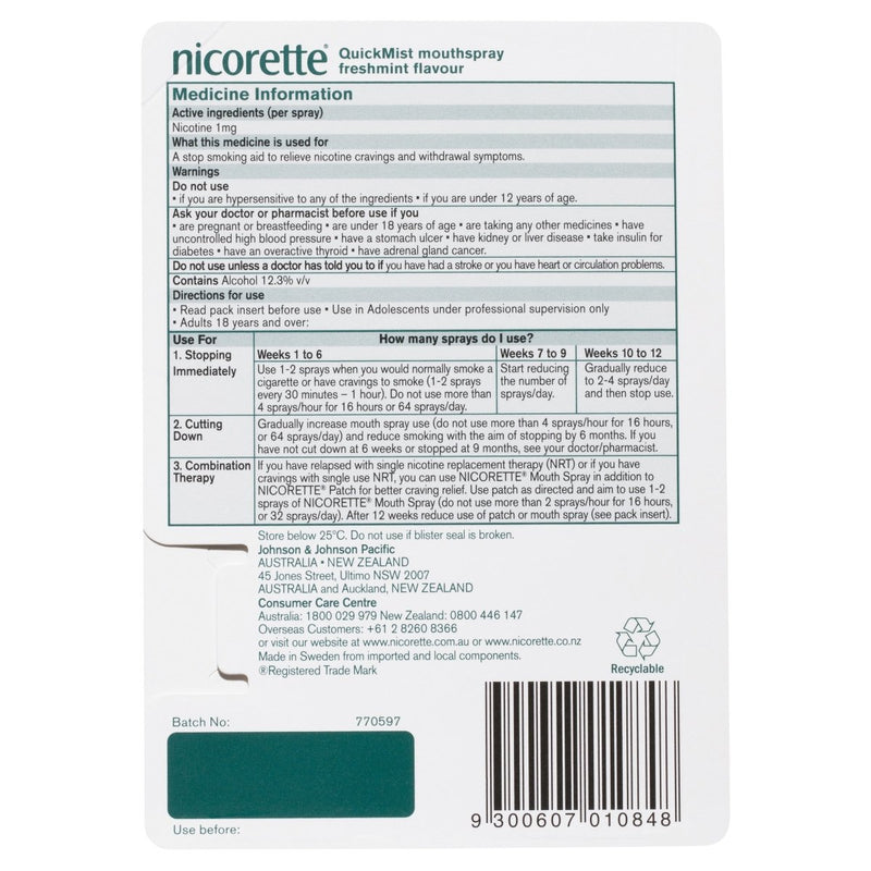 Nicorette Quit Smoking Mouth Spray Freshmint 150 Pack - Vital Pharmacy Supplies