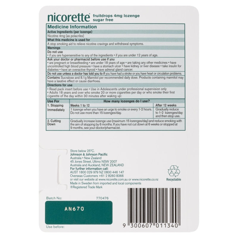 Nicorette Quit Smoking Nicotine Lozenge Freshfruit 4mg 20 Pack - Vital Pharmacy Supplies