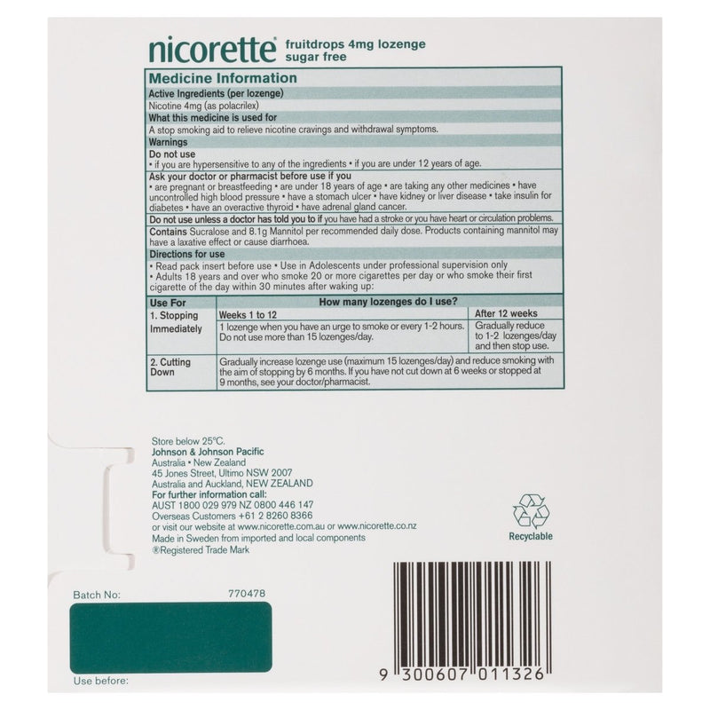 Nicorette Quit Smoking Nicotine Lozenge Freshfruit 4mg 4X20 Pack - Vital Pharmacy Supplies
